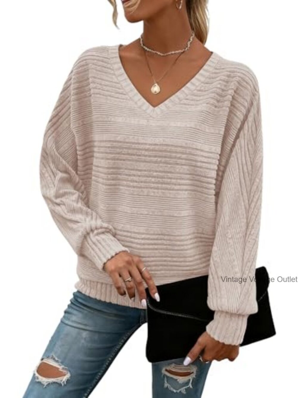 Womens Tunic Sweater Batwing Long Sleeve V-Neck Pullover Top